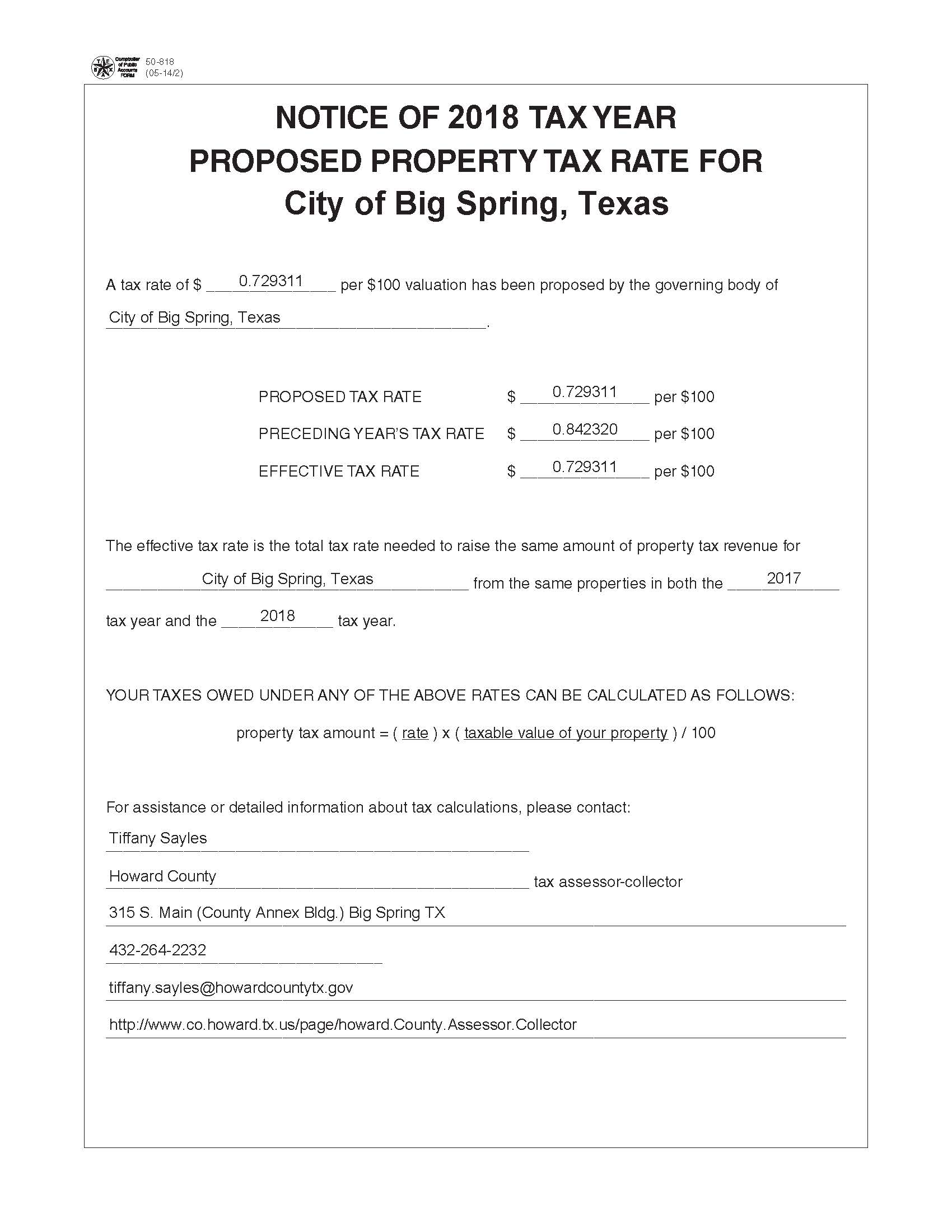 2018 Proposed Tax Rate Notice