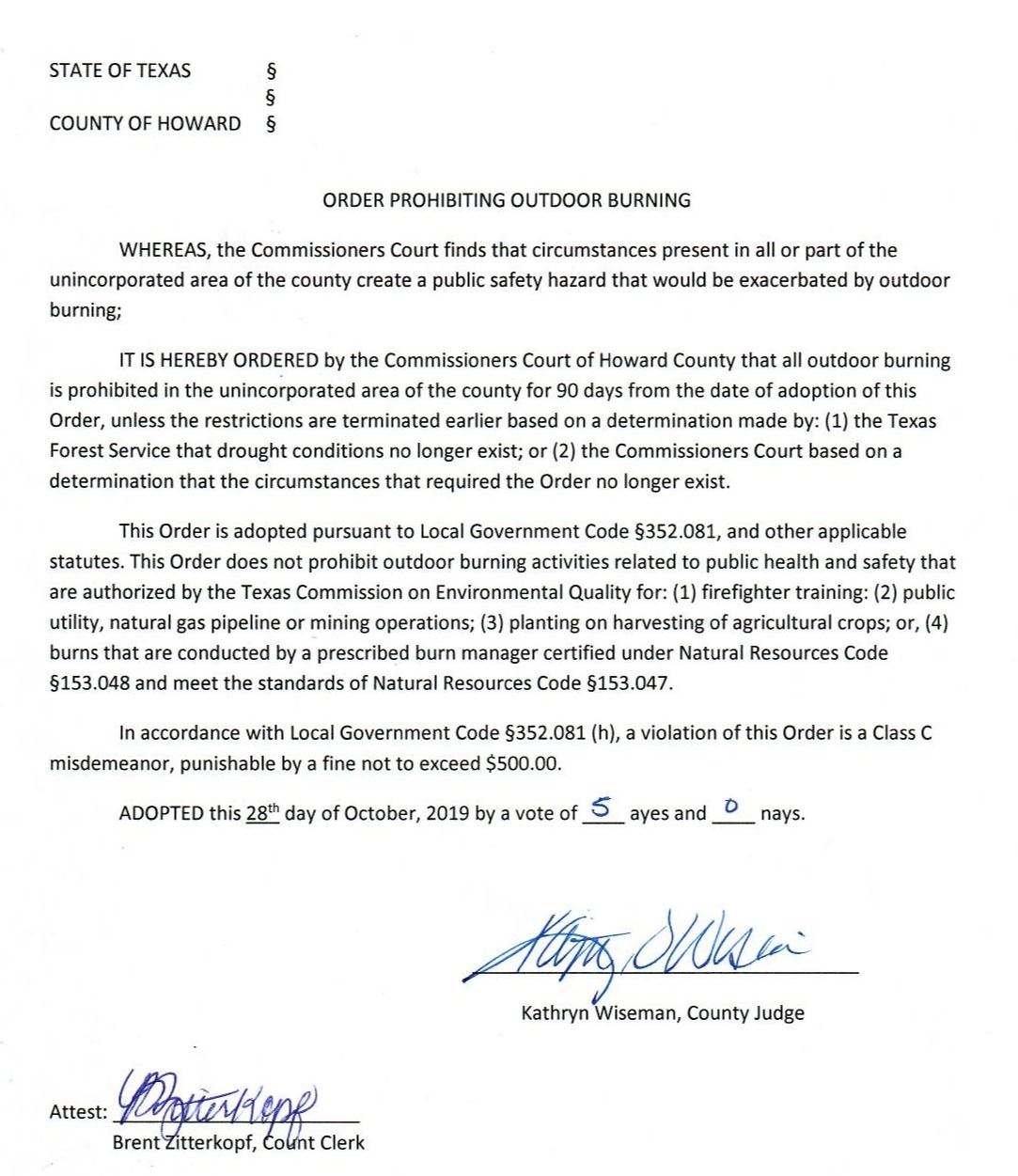 Burn Ban Order 10-28-19